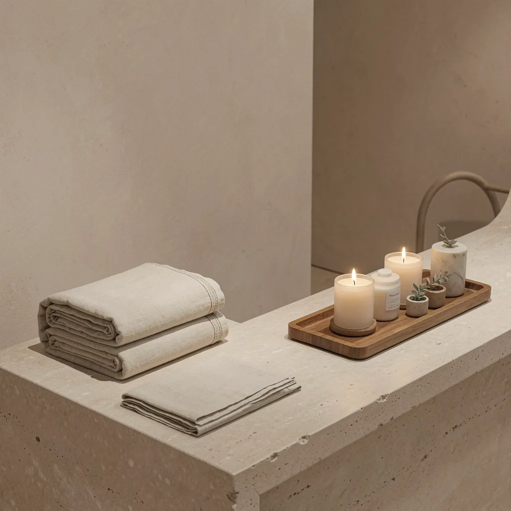 Reception desk with stone surfaces and soft lighting