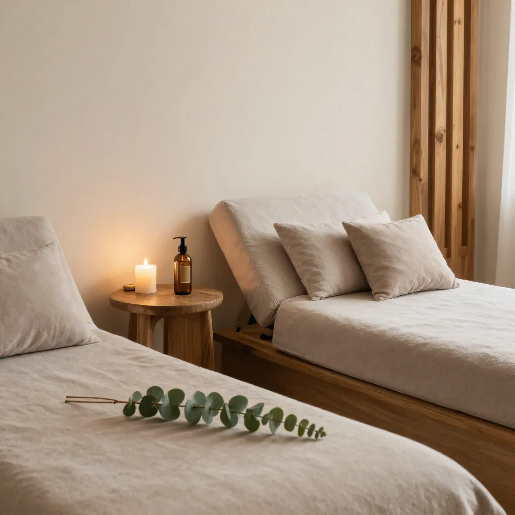 Lounge seating with wood accents and muted tones