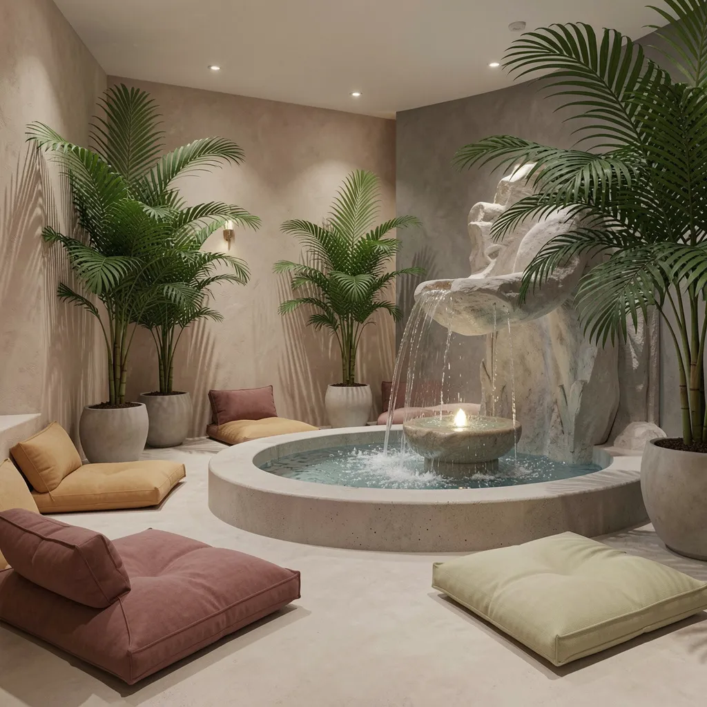 Softly lit indoor lounge with seating and plants